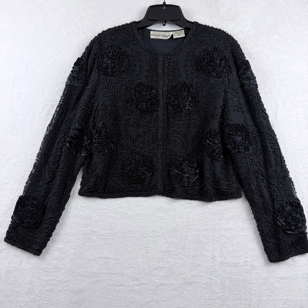 Night Vogue Jacket Beaded Silk 3D Ribbon Rosette Black Size S